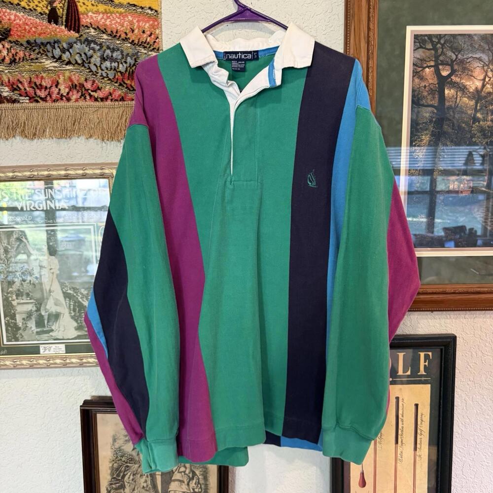 Vintage 90s RARE Nautica Rugby Long Sleeve Shirt Men’s Large Striped Designer